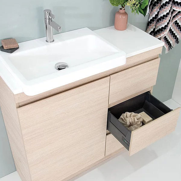 ADP Glacier Pro Semi Recessed Trio Floor Mounted Vanity with Cherry Pie benchtop. Premium Graphite drawer hardware- The Blue Space