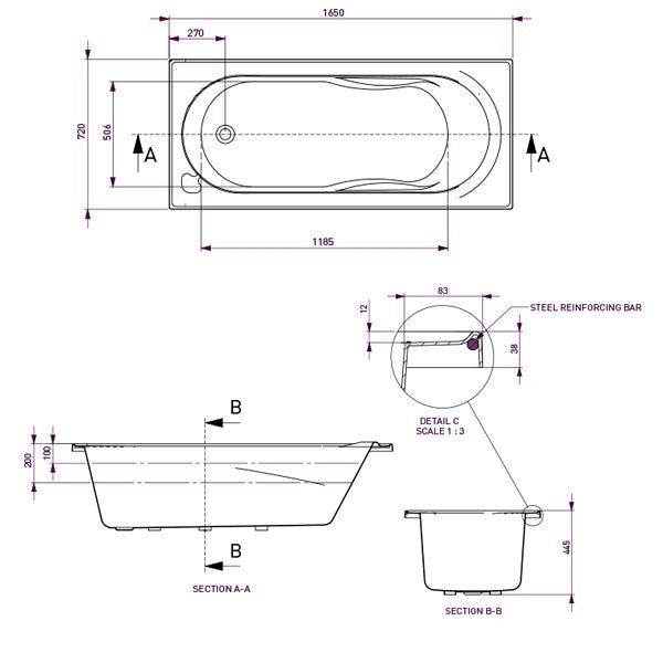 Decina Adatto Contour Spa Bath 1650 Technical Drawing - The Blue Space