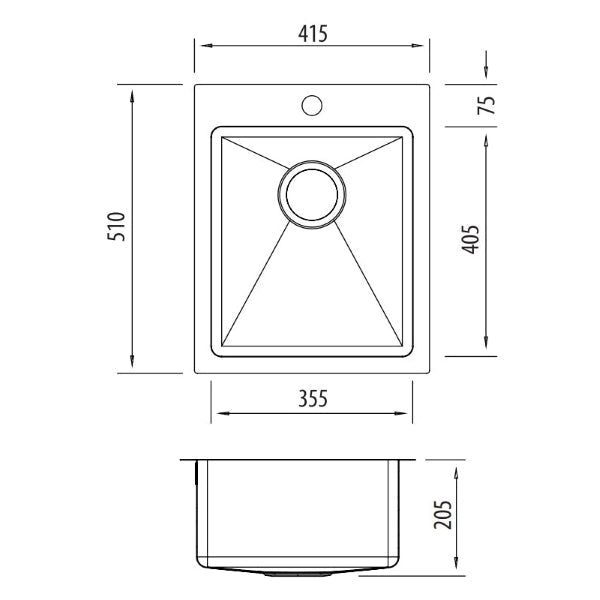 Technical Drawing: Oliveri Apollo single bowl sink 1TH