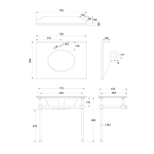 Technical Drawing - Turner Hastings Mayer Washstand with 75 x 55 Real Carrara Marble Top