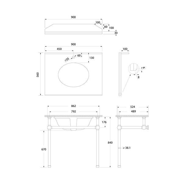 Technical Drawing - Turner Hastings Mayer Washstand with 90 x 55 Real Carrara Marble Top