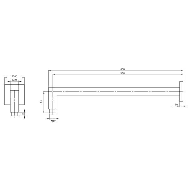 Phoenix Lexi Shower Arm Only 400mm Square - Brushed Nickel specs - line drawing and dimensions