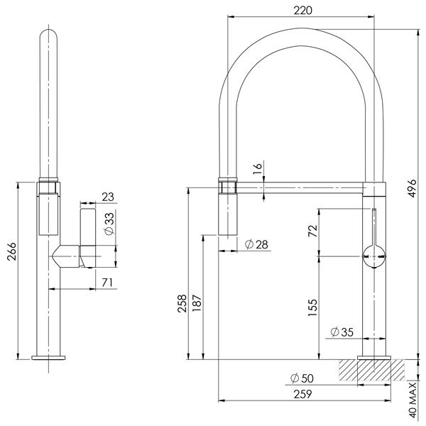 Technical Drawing - Phoenix Prize Flexible Coil Sink Mixer-Chrome