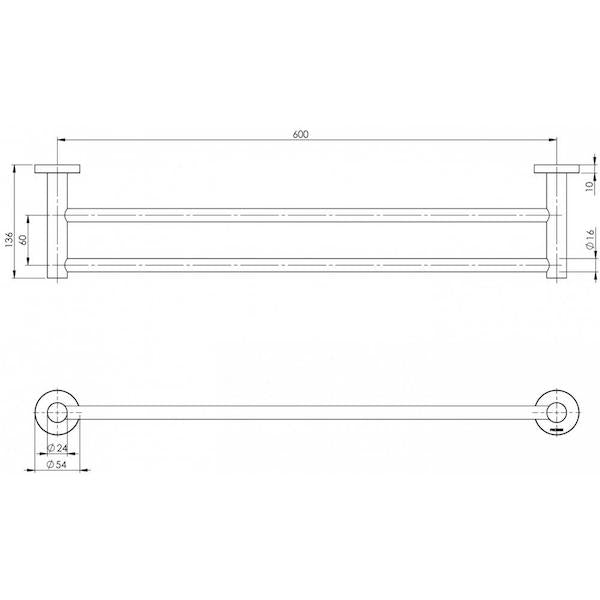 Phoenix Radii Double Towel Rail 600mm Round Plate Chrome Technical Drawing - The Blue Space