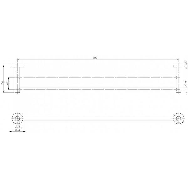 Phoenix Radii Double Towel Rail 800mm Round Plate Chrome Technical Drawing - The Blue Space