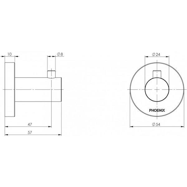 Phoenix Radii Robe Hook Round Plate Chrome Technical Drawing - The Blue Space