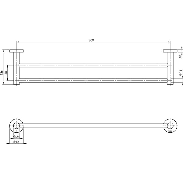 Phoenix Radii Double Towel Rail 600mm Round Plate Brushed Gold Technical Drawing - The Blue Space