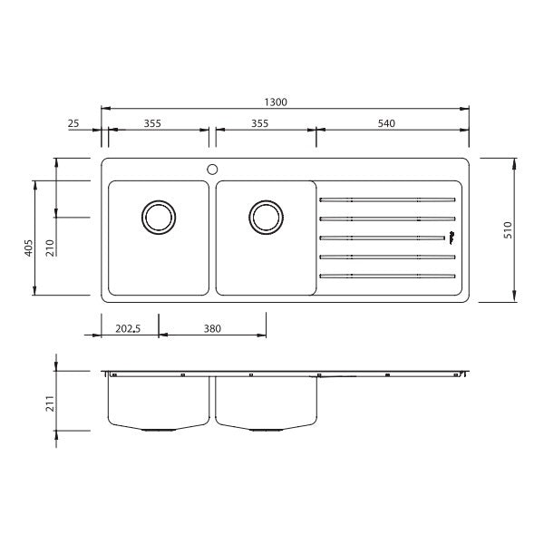 Oliveri Sonetto double bowl topmount sink drainer 1TH