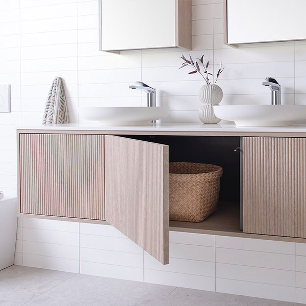 ADP Clifton 1500 Double Bowl Wall hung Vanity, Coastal Oak woodgrain cabinet finish, 12mm Bright White Cherry Pie, Margot above-counter basins (x2), Muse Mirror Cabinets in Coastal Oak - The Blue Space