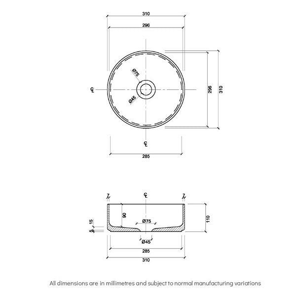 Eight Quarters Amaroo Circle Mini Matte White Basin Technical Drawing - The Blue Space