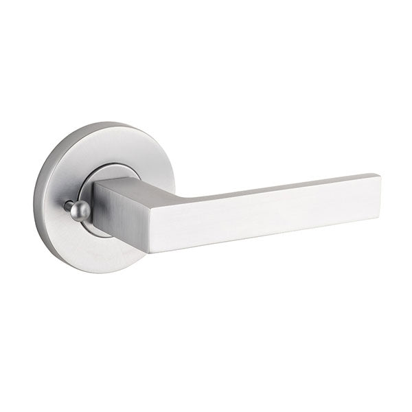 Lane Cambridge Privacy Lever Door Handle Set On Round Rosette Brushed Satin Chrome