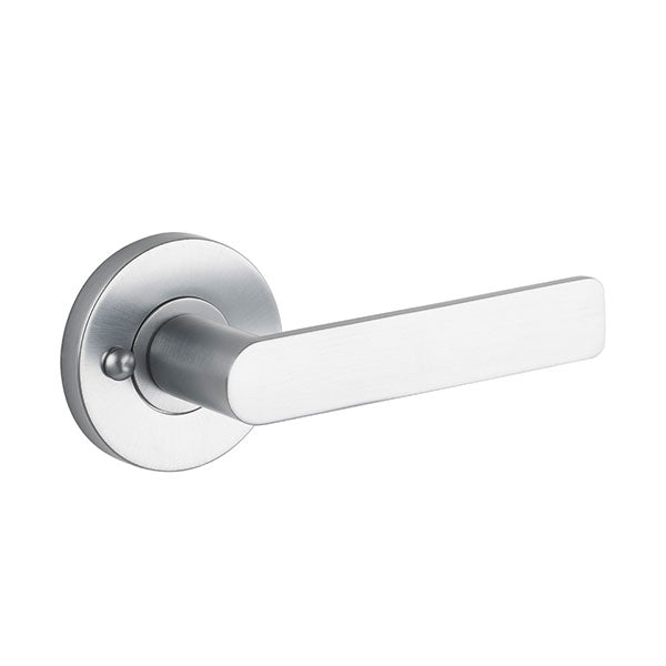 Lane Westminster Privacy Lever Door Handle Set On Round Rosette Brushed Satin Chrome