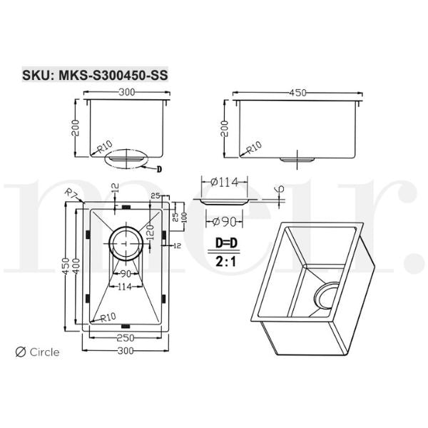 Meir Kitchen Sink Single Bowl 300mm Stainless Steel technical drawing | The Blue Space