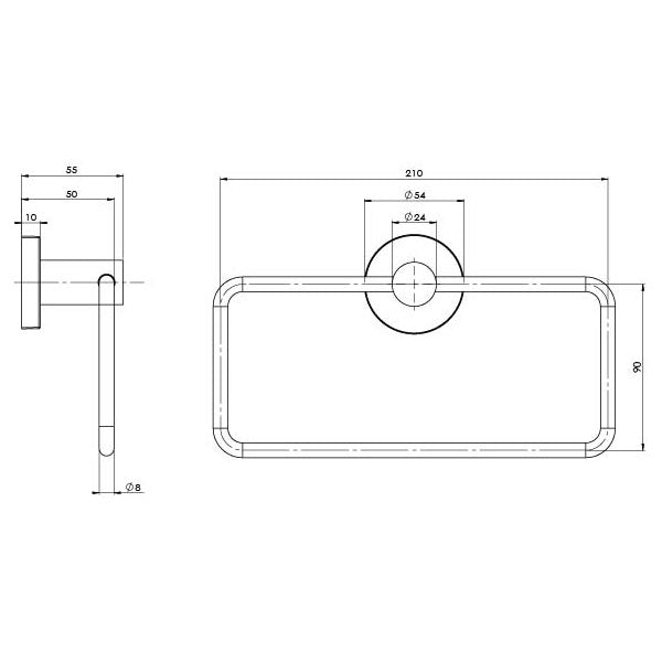 Phoenix Radii Stainless Steel Hand Towel Holder Round Plate Technical Drawing - The Blue Space