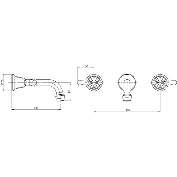 Phoenix Rhapsody Lever Bath Set Technical Drawing - The Blue Space