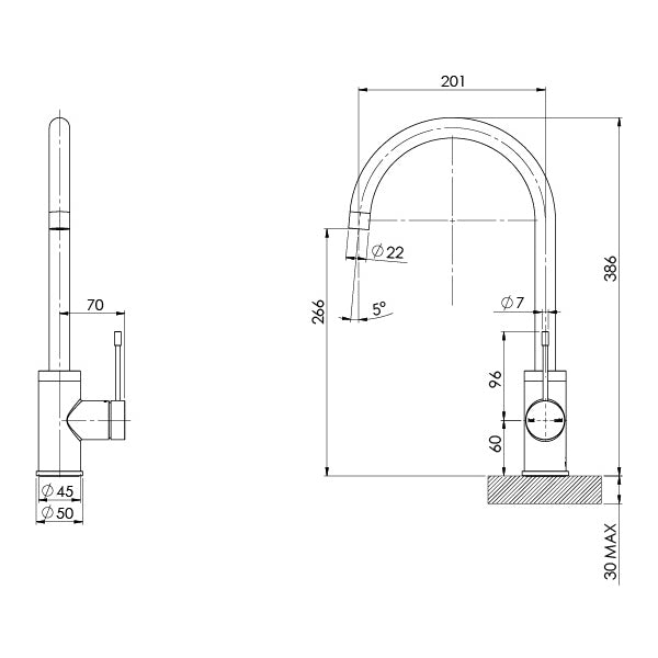 Phoenix Vivid Slimline 316 Stainless Steel Sink Mixer 200mm Gooseneck Technical Drawing - The Blue Space