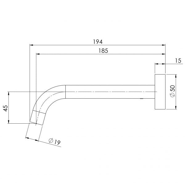 Phoenix Vivid Slimline Wall Bath Outlet 180mm Curved Technical Drawing - The Blue Space