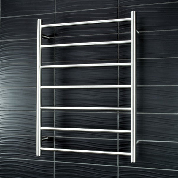 Radiant 12V Round 7 Bar Heated Towel Ladder 600w x 800h - Brushed SS | The Blue Space