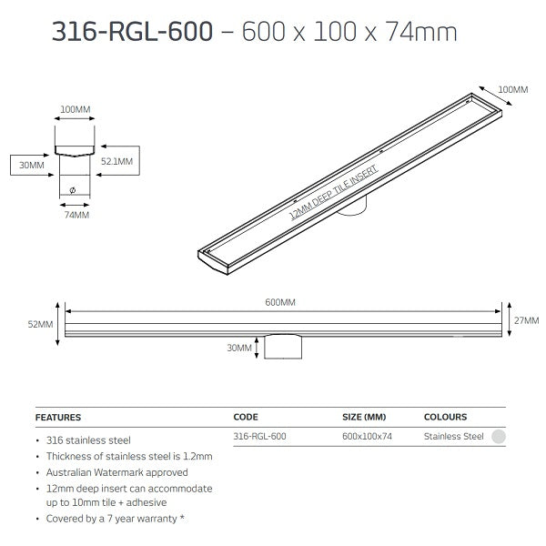 Radiant Tile Insert Linear Shower Grate - Brushed Satin