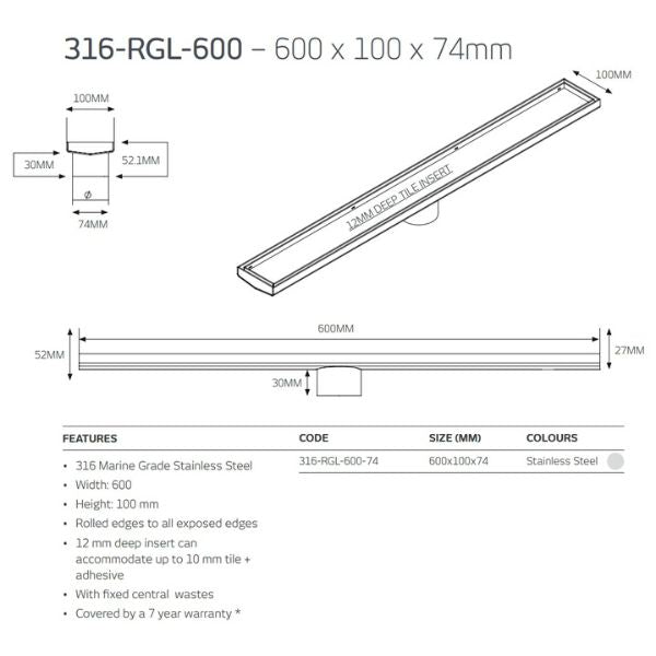 Radiant Tile Insert Linear Shower Grate Matt Black