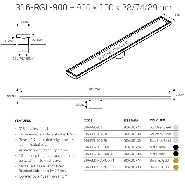 Radiant Tile Insert Linear Shower Grate Matt Black