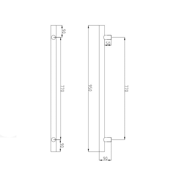 Radiant Vertical Round Single Bar Heated Technical Drawing - The Blue Space