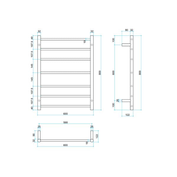 Thermogroup 7 Bar Heated Towel Ladder Brushed Nickel 600mm
