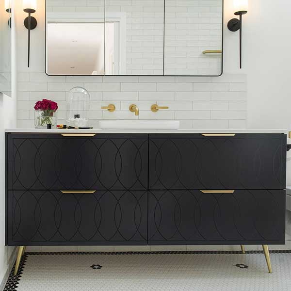 Timberline Sutherland House Deco Vanity 1500mm, Calcutta Snow SilkSurface Top, Above Counter Basin, Brushed Gold Ova Handles, Brushed Gold Angled Legs, Black Satin finish -The Blue Space