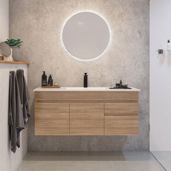 Timberline Indiana Wall Hung Vanity 1200mm in Rural Oak Cabinet Finish and Alpha Ceramic Top with Fingerpull handle option - The Blue Space