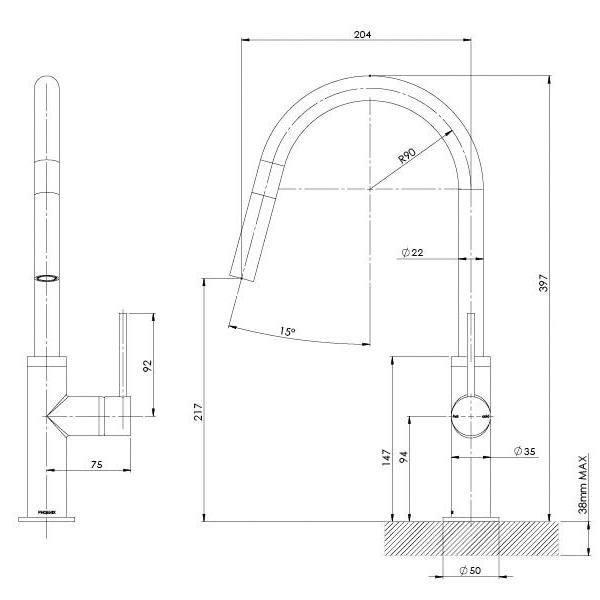 Phoenix Vivid Slimline Pull Out Sink Mixer - Brushed Nickel specs - line drawing and dimensions