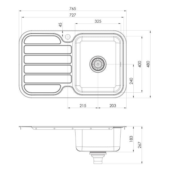 Phoenix 1000 Series Single Bowl Sink 765 x 480mm RH Bowl The Blue Space - line drawing