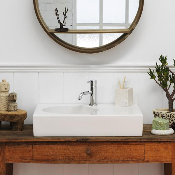 Clark Round Pin Basin Mixer - Chrome in modern bathroom - The Blue Space