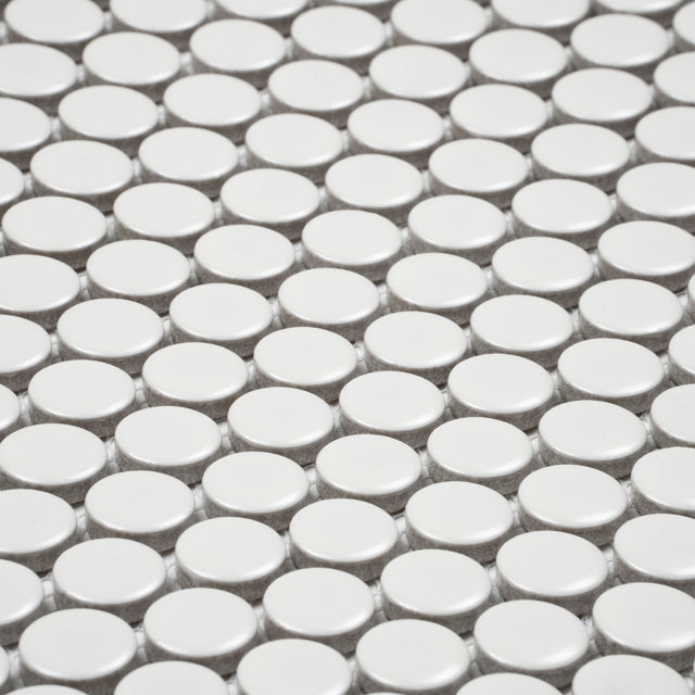 Mooloolaba Satin White Porcelain Penny Round Mosaic Tile 20x20mm  | The Blue Space
