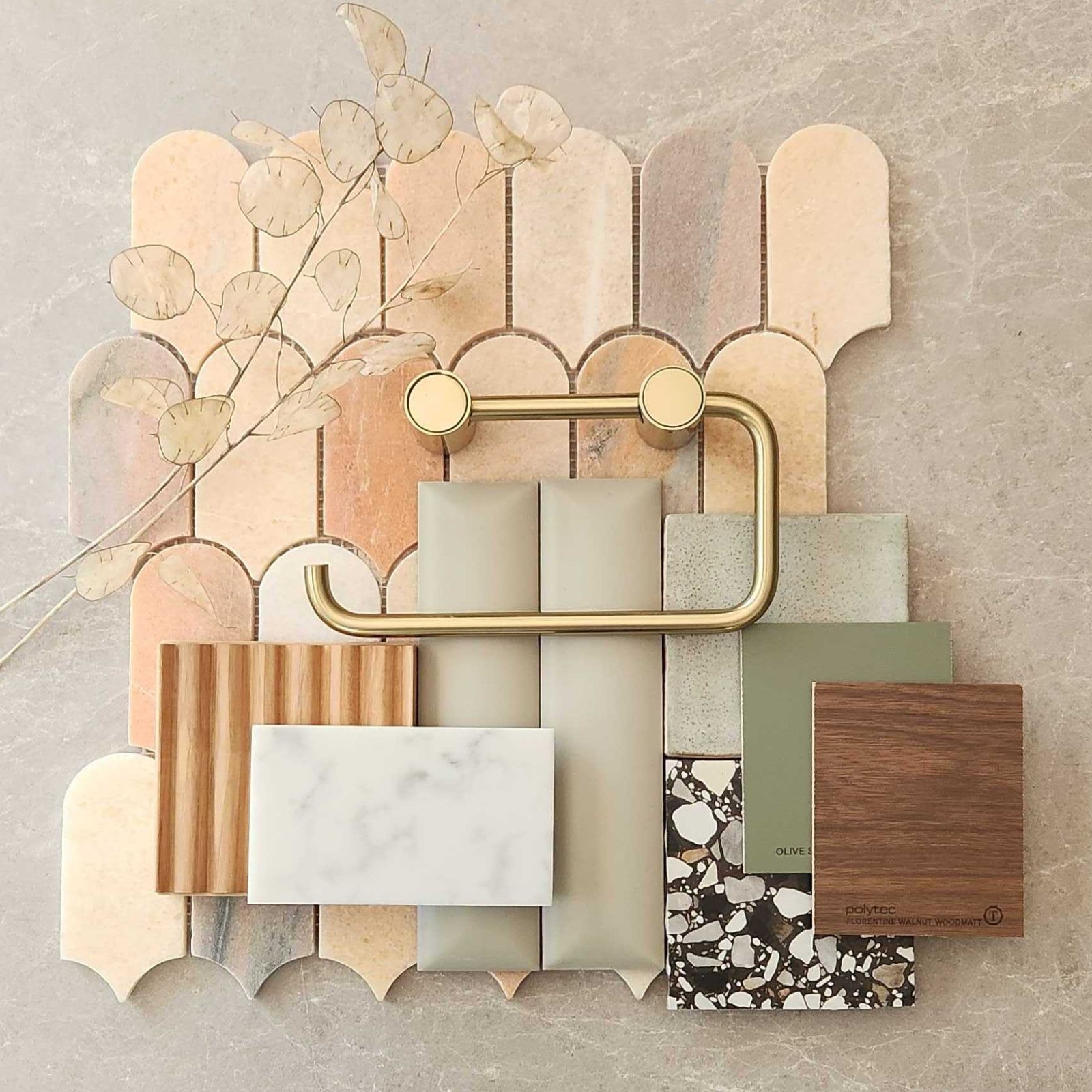 Art Deco Bathroom Moodboard featuring green tiles and pink tiles, terrazzo, walnut and oak with gold accents - The Blue Space