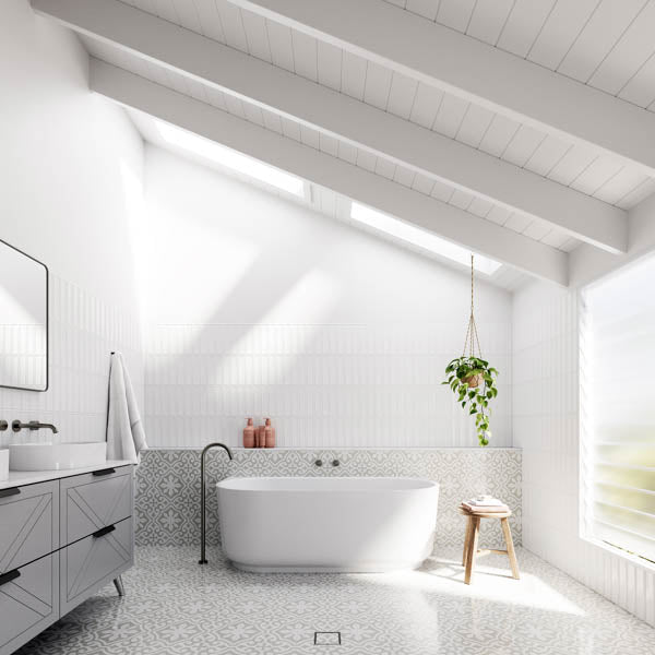 Ingrain Rectangle Matte Black Framed Mirror 750mm by 900mm with Baö Elegant Back to Wall Bath  - The Blue Space