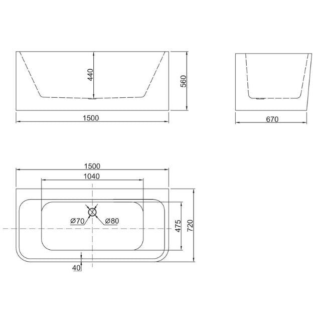 BelBagno Alto Back-to-Wall Bathtub 1500mm