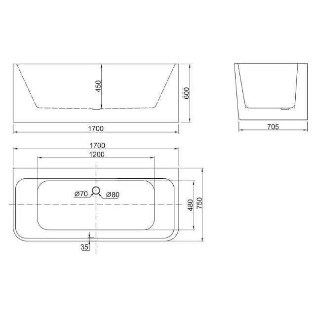 BelBagno Alto Back-to-Wall Bathtub 1700mm