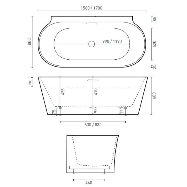 Decina Aurora 1500 Back to Wall Bath with Overflow Matte White