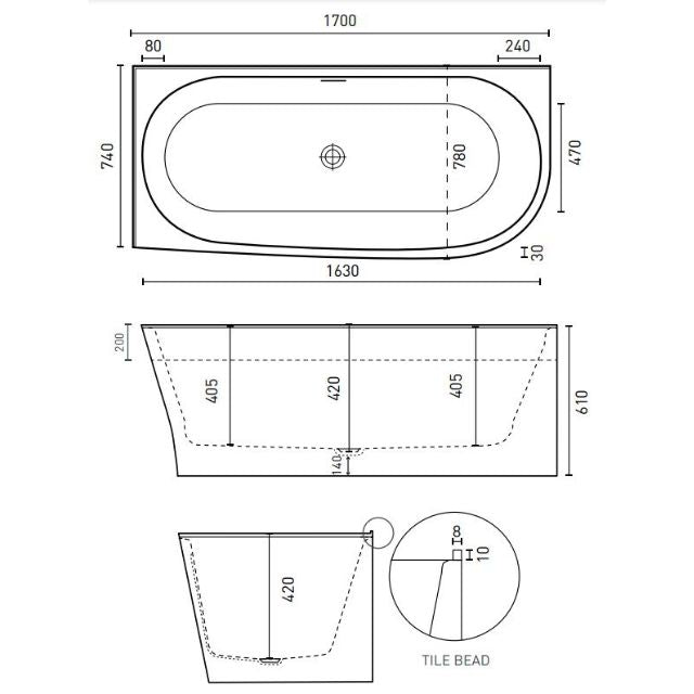 Decina Natalia 1700 Back-To-Wall Corner Bath with Overflow