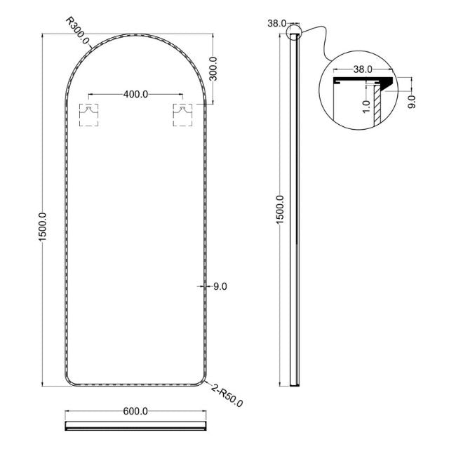 Matte Black Arch Shaped Full Length Mirror 1500 x 600mm by ingrain