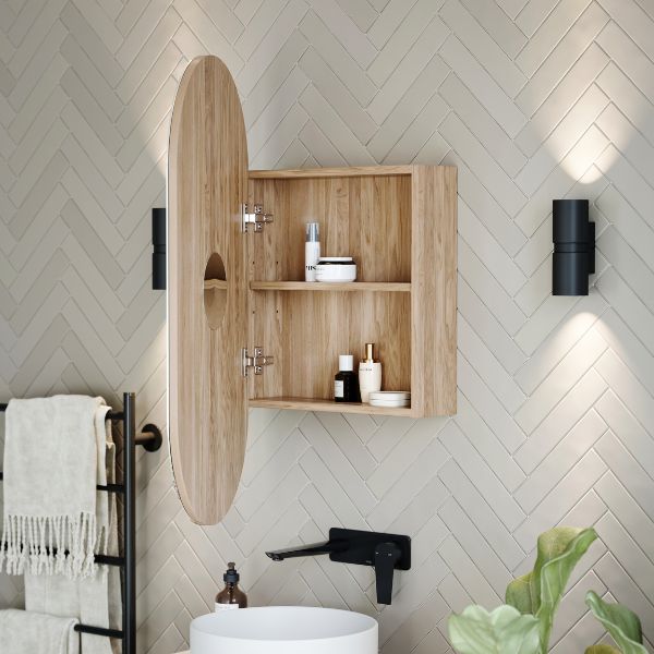 Ingrain Ash Woodgrain Pill Shaped Shaving Cabinet IGPMC450 with door open.  Shop shaving cabinets online at The Blue Space