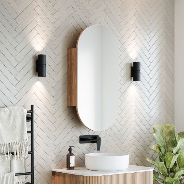 Ingrain Ash Woodgrain Pill Shaped Shaving Cabinet IGPMC450 side view.  Shop shaving cabinets online at The Blue Space