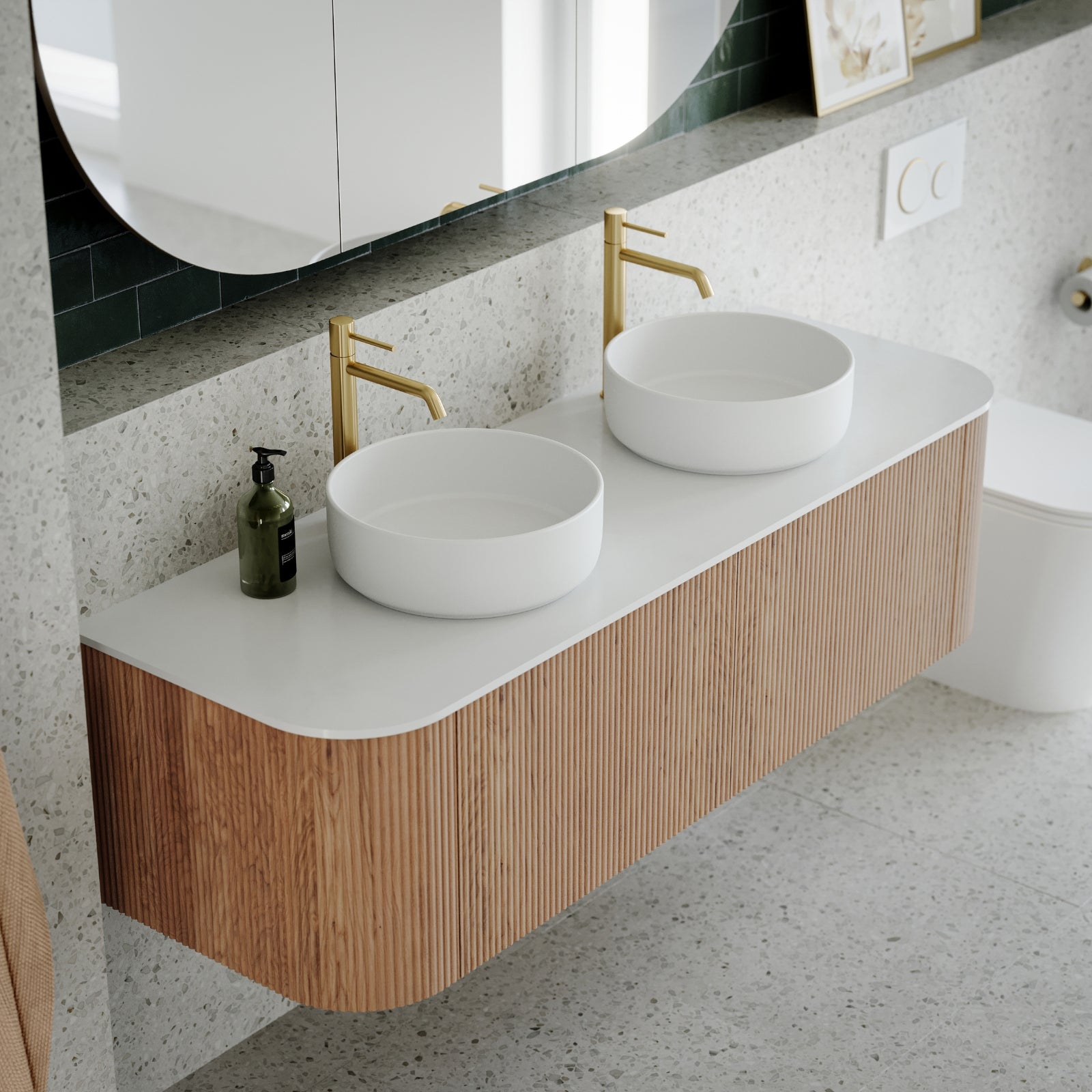 Ingrain Curved Fluted Wall Hung Vanity 1500mm Double Basin in bathroom with green tiles at The Blue Space