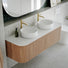 Ingrain Curved Fluted Wall Hung Vanity 1500mm Double Basin in bathroom with green tiles at The Blue Space