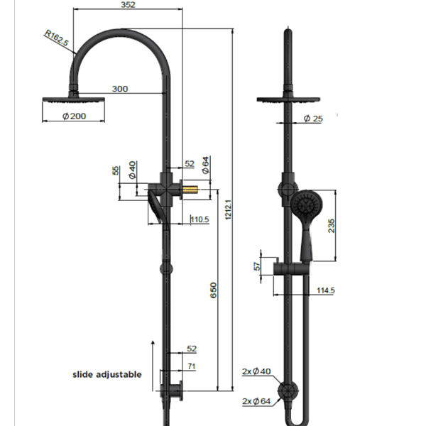 Meir Curved Combination Shower Rail 200mm, 3 Function Hand Shower Lustre Bronze