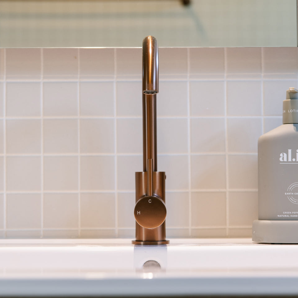 Meir Round Gooseneck Basin Mixer with Cold Start Lustre Bronze