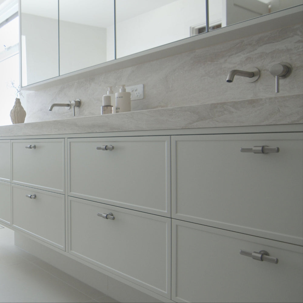 Momo Handles Belgravia T Knob in Brushed Nickel in Coastal style bathroom - The Blue Space