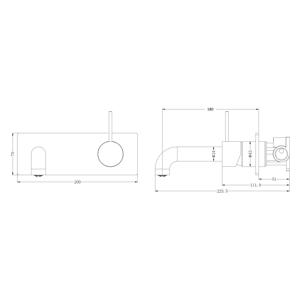 Technical Drawing: Nero Mecca Wall Basin Mixer Handle Up 185mm Spout Chrome