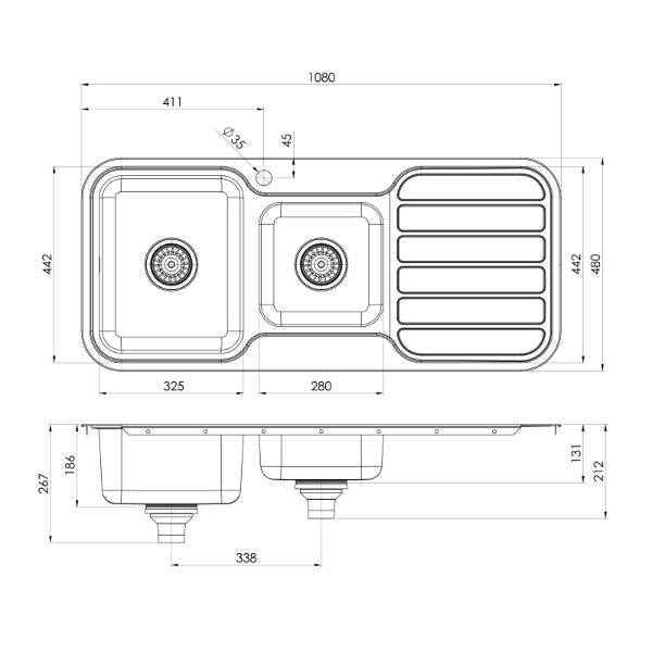 Phoenix 1000 Series 1-3/4 Bowl Sink 1080 x 480mm - Left Hand - line drawing