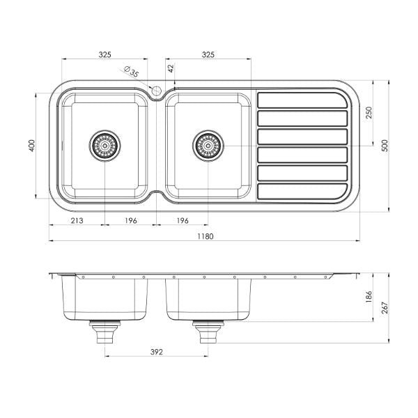 Phoenix 1000 Series Double Bowl Sink 1180 x 500mm - Left Hand - line drawing
